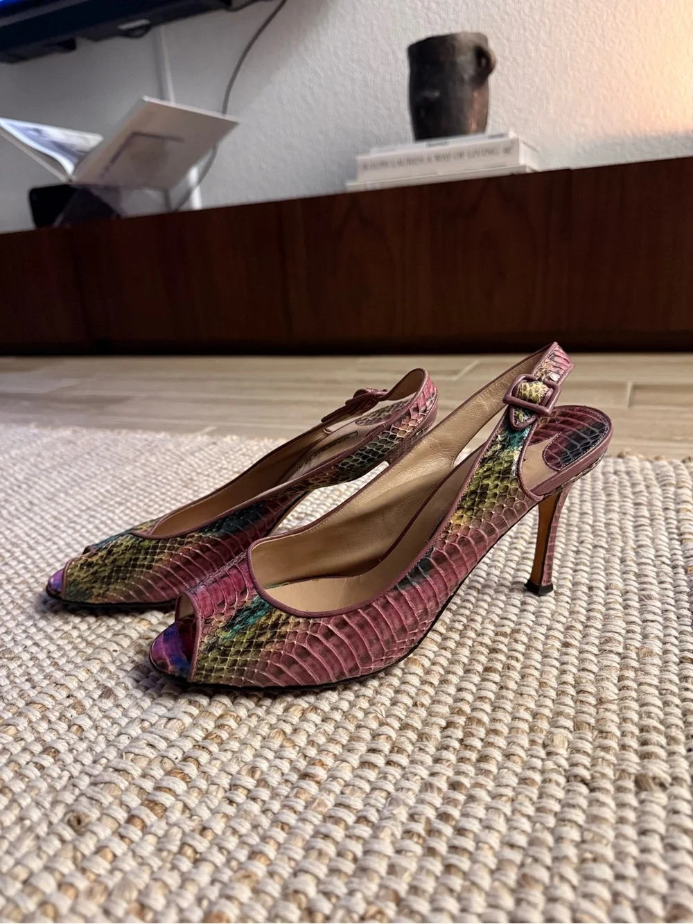 Vintage Manolo Blahnik Snakeskin Slingback Heels | Peep-Toe Pumps | Size 39.5